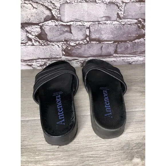 Antenora Black Leather Casual Strap Slides Italy Sandals Women Sz 7M US/38EU