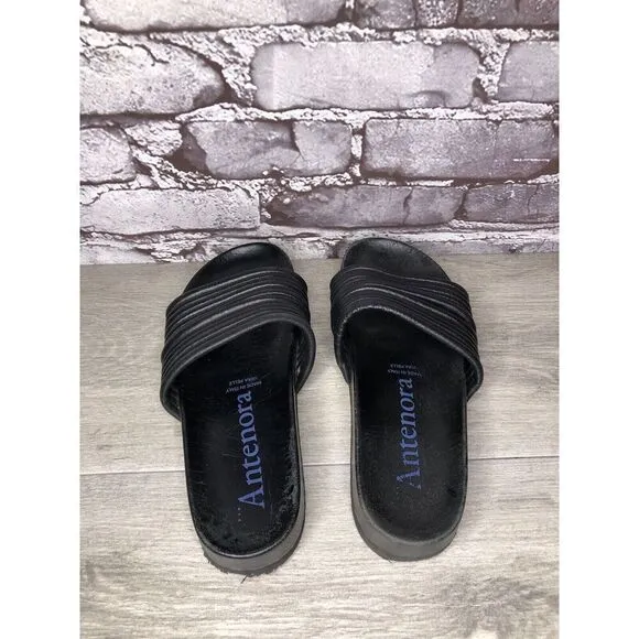 Antenora Black Leather Casual Strap Slides Italy Sandals Women Sz 7M US/38EU