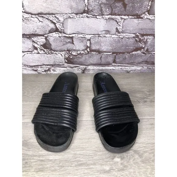 Antenora Black Leather Casual Strap Slides Italy Sandals Women Sz 7M US/38EU