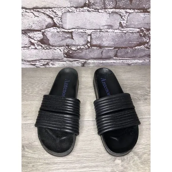 Antenora Black Leather Casual Strap Slides Italy Sandals Women Sz 7M US/38EU