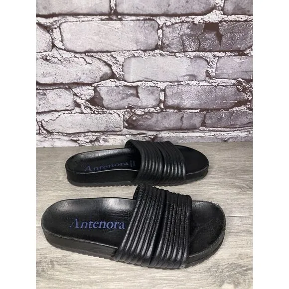 Antenora Black Leather Casual Strap Slides Italy Sandals Women Sz 7M US/38EU