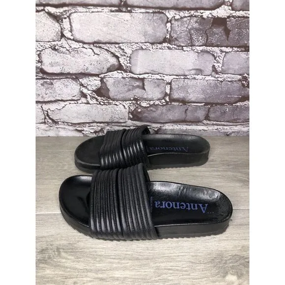 Antenora Black Leather Casual Strap Slides Italy Sandals Women Sz 7M US/38EU
