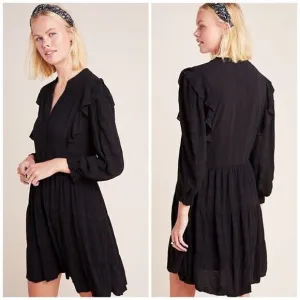 Anthropologie Amadi Rossi Ruffled Tunic Black 3/4 Sleeves Dress EUC