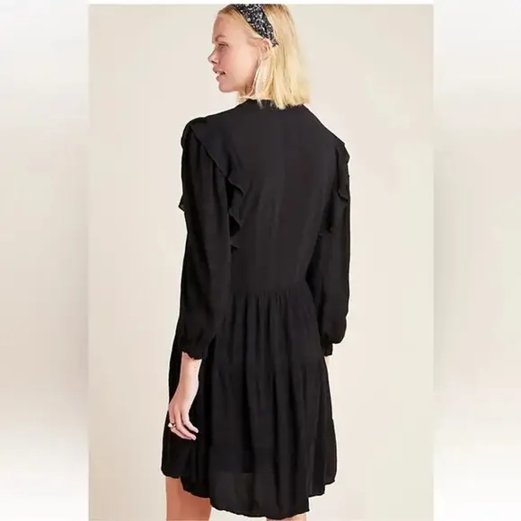 Anthropologie Amadi Rossi Ruffled Tunic Black 3/4 Sleeves Dress EUC