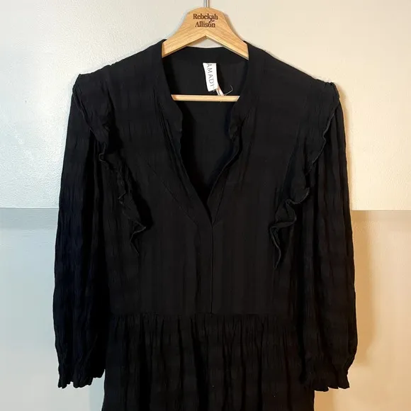 Anthropologie Amadi Rossi Ruffled Tunic Black 3/4 Sleeves Dress EUC