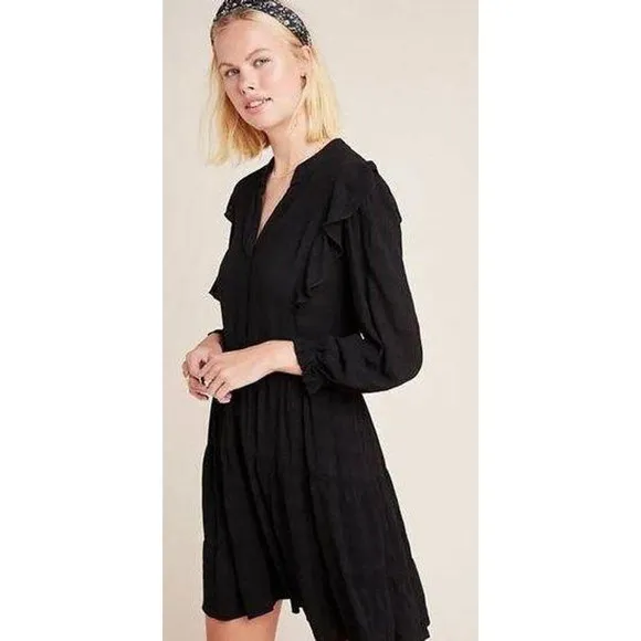 Anthropologie Amadi Rossi Ruffled Tunic Black 3/4 Sleeves Dress EUC