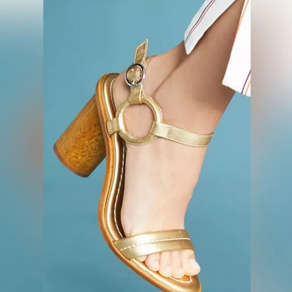 Anthropologie BERNARDO Harlow Metallic Leather Heeled Sandals Gold Size 9.5