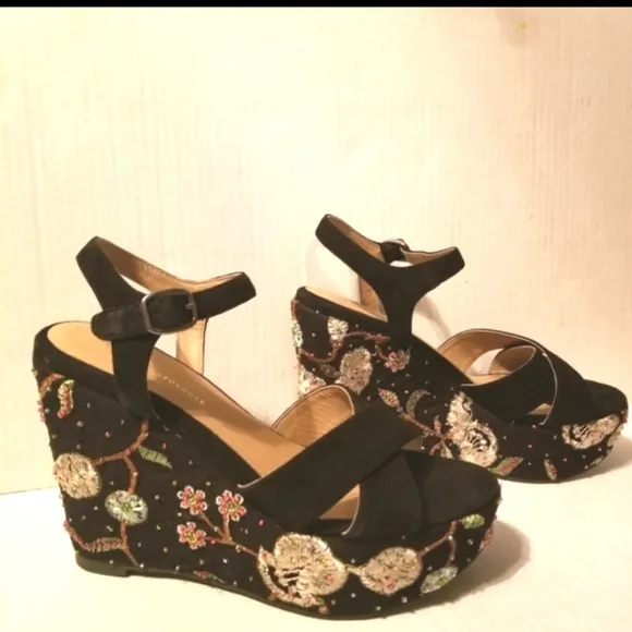 Anthropologie Floral Wedge Sandals Size 37