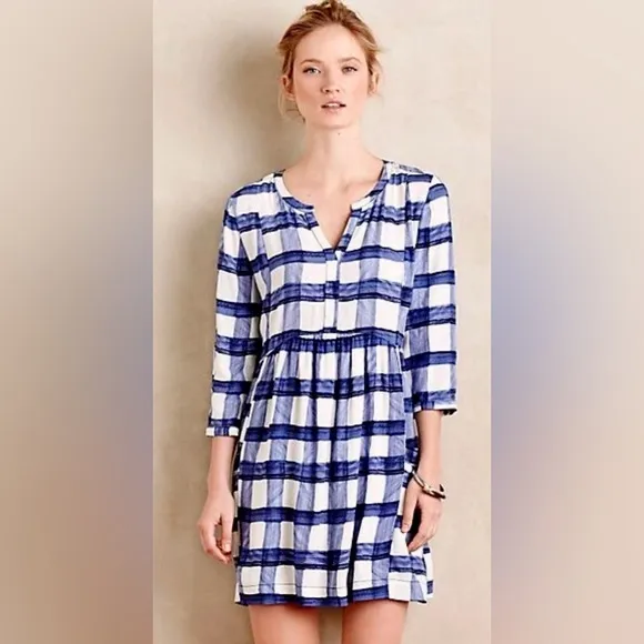 Anthropologie | Maeve 1/2 Sleeve Deverey Mini Shirt Dress in Blue &amp; White Plaid