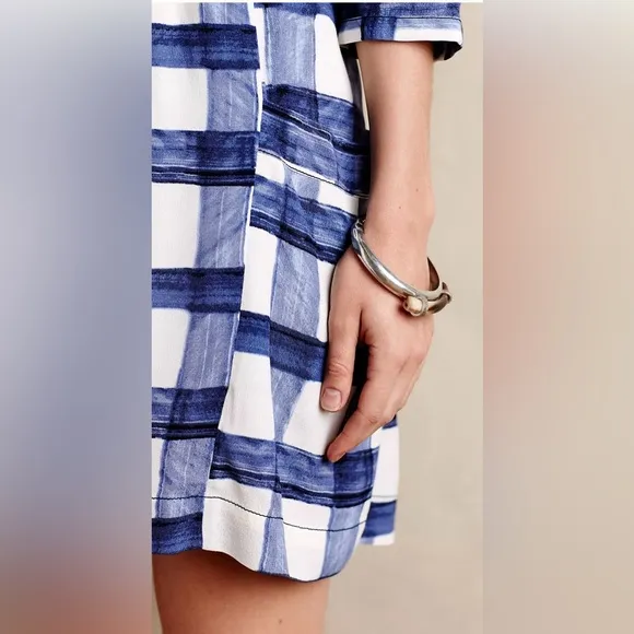 Anthropologie | Maeve 1/2 Sleeve Deverey Mini Shirt Dress in Blue &amp; White Plaid