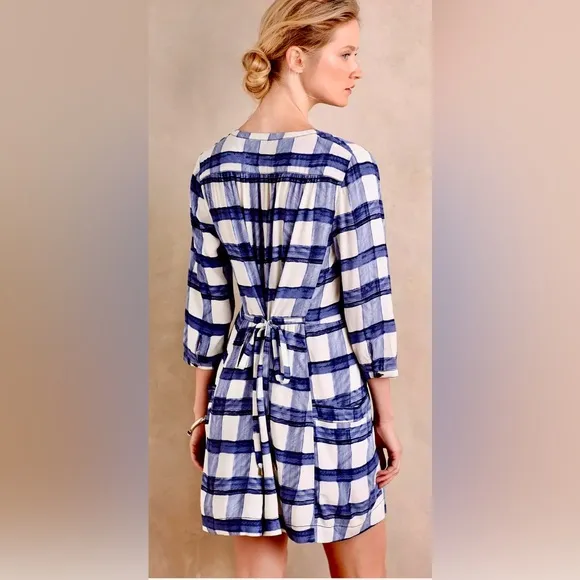 Anthropologie | Maeve 1/2 Sleeve Deverey Mini Shirt Dress in Blue &amp; White Plaid