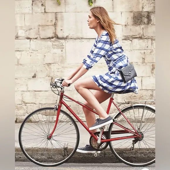 Anthropologie | Maeve 1/2 Sleeve Deverey Mini Shirt Dress in Blue &amp; White Plaid