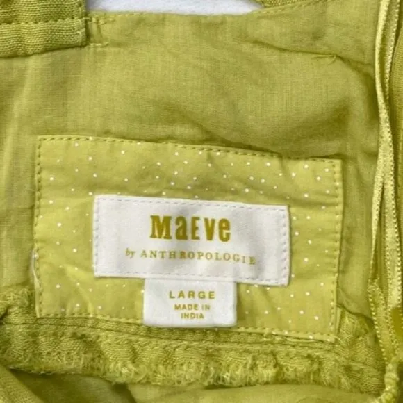 Anthropologie Maeve Chartreuse Green Linen Blend Twist Front Tie Back Mini Dress