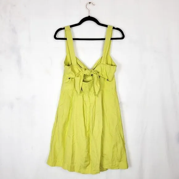 Anthropologie Maeve Chartreuse Green Linen Blend Twist Front Tie Back Mini Dress