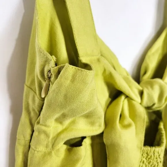 Anthropologie Maeve Chartreuse Green Linen Blend Twist Front Tie Back Mini Dress