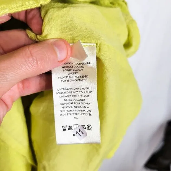 Anthropologie Maeve Chartreuse Green Linen Blend Twist Front Tie Back Mini Dress