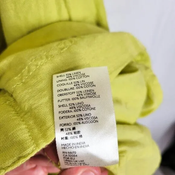 Anthropologie Maeve Chartreuse Green Linen Blend Twist Front Tie Back Mini Dress