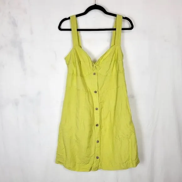 Anthropologie Maeve Chartreuse Green Linen Blend Twist Front Tie Back Mini Dress