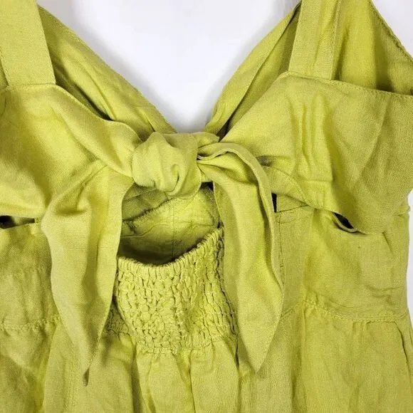 Anthropologie Maeve Chartreuse Green Linen Blend Twist Front Tie Back Mini Dress