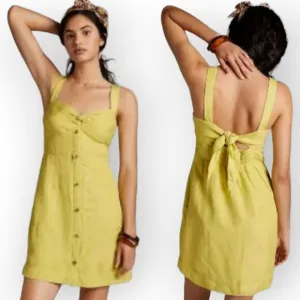 Anthropologie Maeve Chartreuse Green Linen Blend Twist Front Tie Back Mini Dress