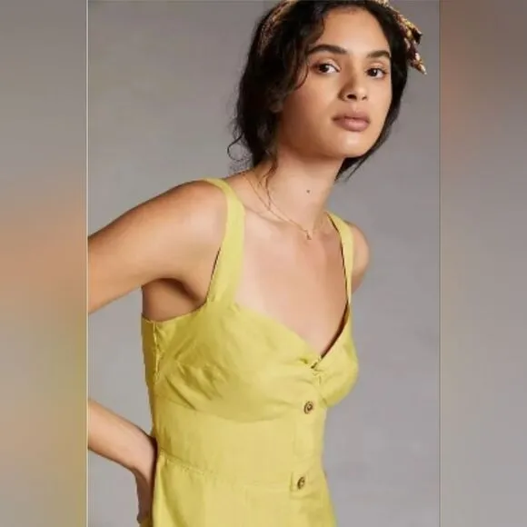 Anthropologie Maeve Chartreuse Green Linen Blend Twist Front Tie Back Mini Dress
