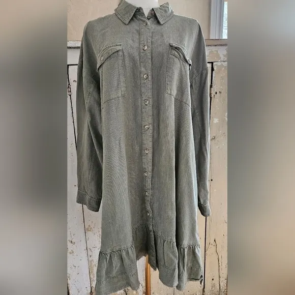 Anthropologie Pilco Olive/Army Green Long Sleeve Ruffle Hem Button Shirt Dress-M