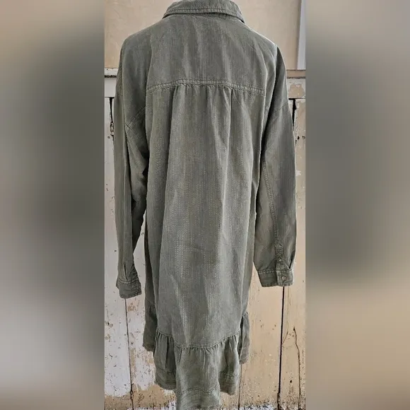Anthropologie Pilco Olive/Army Green Long Sleeve Ruffle Hem Button Shirt Dress-M
