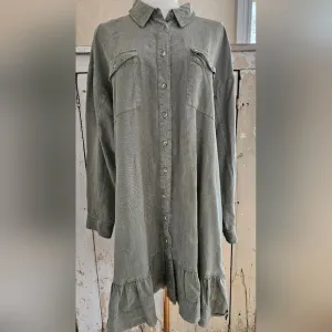 Anthropologie Pilco Olive/Army Green Long Sleeve Ruffle Hem Button Shirt Dress-M
