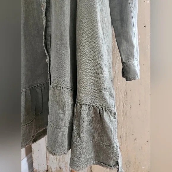 Anthropologie Pilco Olive/Army Green Long Sleeve Ruffle Hem Button Shirt Dress-M