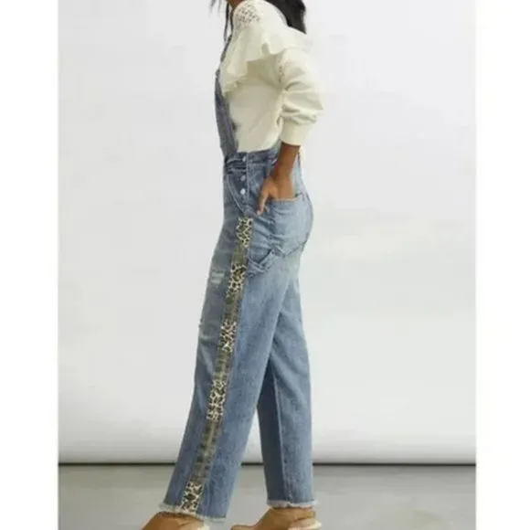 Anthropologie Pilcro 30P NWT The Lex Denim Jean Overalls Camo Animal 30 Petite