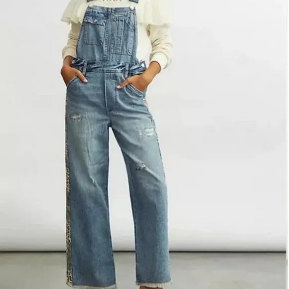 Anthropologie Pilcro 30P NWT The Lex Denim Jean Overalls Camo Animal 30 Petite