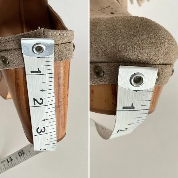 Anthropologie Pilcro Clog 9M Taupe Kilty Sandals Wooden Heel Retro Tassel