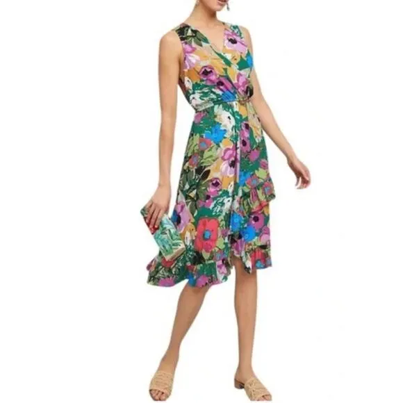 Anthropologie Plenty Tracy Reese Floral Midi Dress Medium Faux Wrap Sleeveless