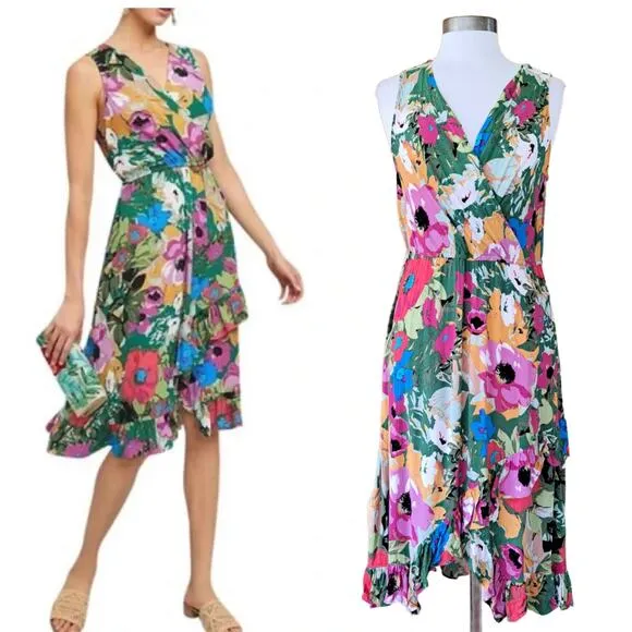 Anthropologie Plenty Tracy Reese Floral Midi Dress Medium Faux Wrap Sleeveless