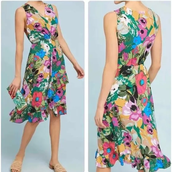 Anthropologie Plenty Tracy Reese Floral Midi Dress Medium Faux Wrap Sleeveless