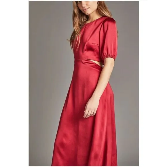 ANTHROPOLOGIE  RED SATIN CUT OUT MIDI DRESS