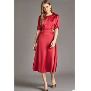 ANTHROPOLOGIE  RED SATIN CUT OUT MIDI DRESS