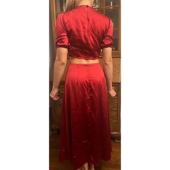 ANTHROPOLOGIE  RED SATIN CUT OUT MIDI DRESS
