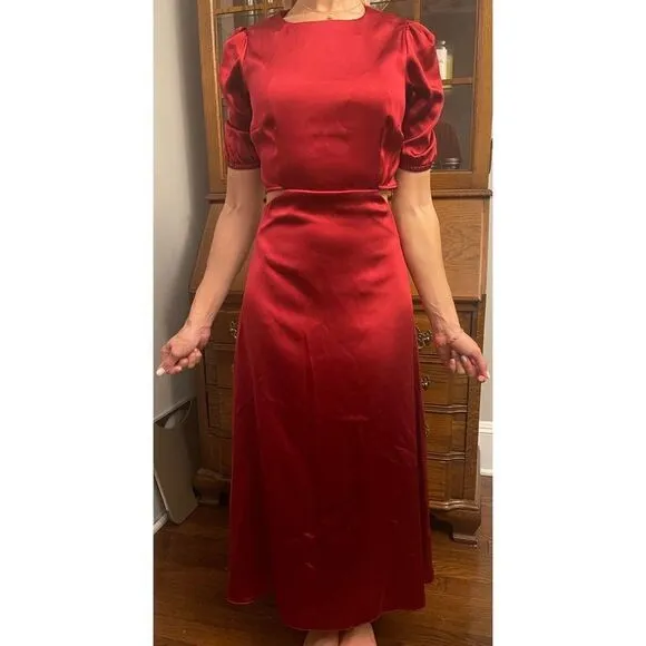 ANTHROPOLOGIE  RED SATIN CUT OUT MIDI DRESS