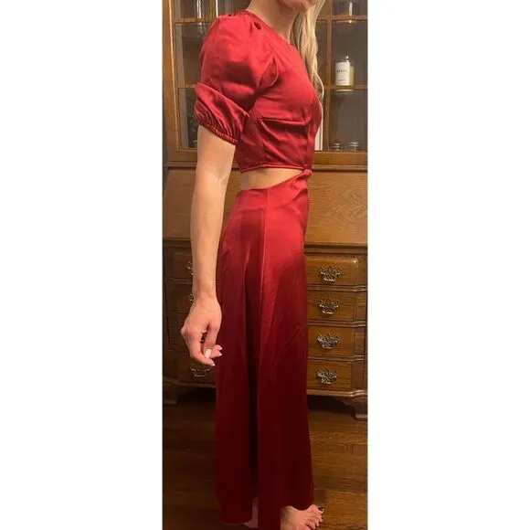 ANTHROPOLOGIE  RED SATIN CUT OUT MIDI DRESS