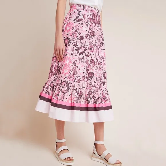 Anthropologie Roxana Flounced Midi Skirt