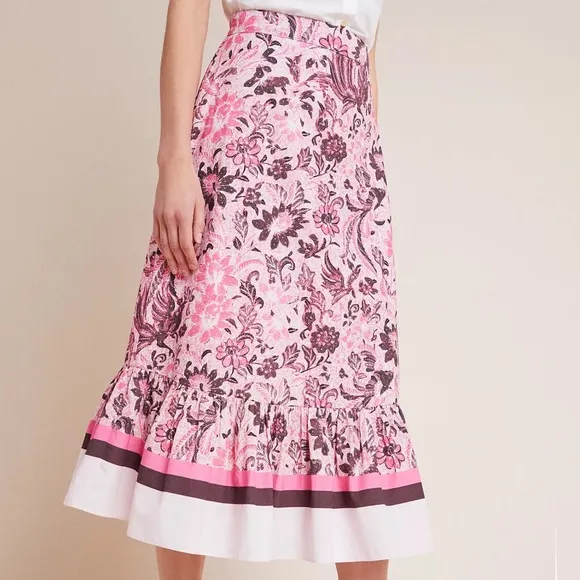 Anthropologie Roxana Flounced Midi Skirt