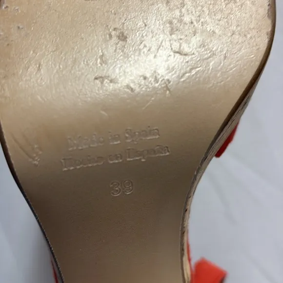 ANTHROPOLOGIE Scalloped Suede Platform Sandals with Cork Heel Coral Size 39