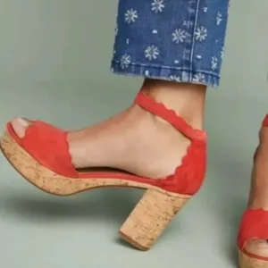 ANTHROPOLOGIE Scalloped Suede Platform Sandals with Cork Heel Coral Size 39