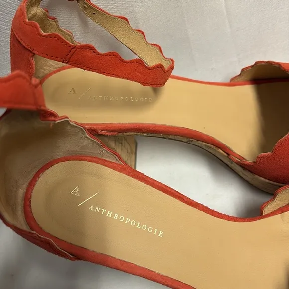 ANTHROPOLOGIE Scalloped Suede Platform Sandals with Cork Heel Coral Size 39