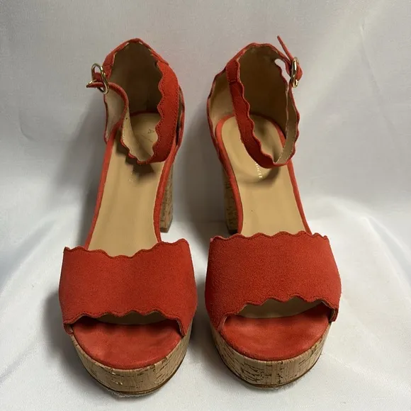 ANTHROPOLOGIE Scalloped Suede Platform Sandals with Cork Heel Coral Size 39
