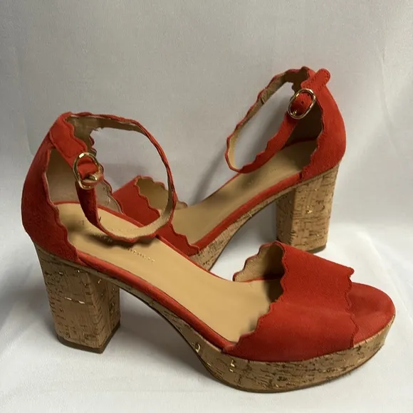 ANTHROPOLOGIE Scalloped Suede Platform Sandals with Cork Heel Coral Size 39