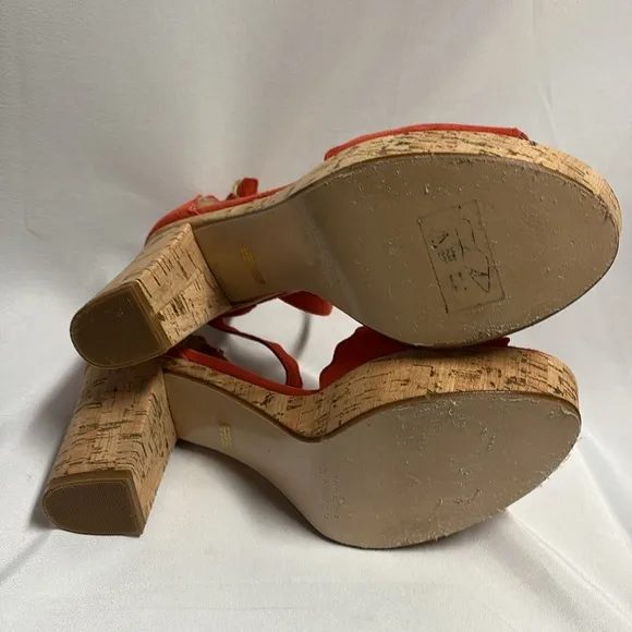 ANTHROPOLOGIE Scalloped Suede Platform Sandals with Cork Heel Coral Size 39