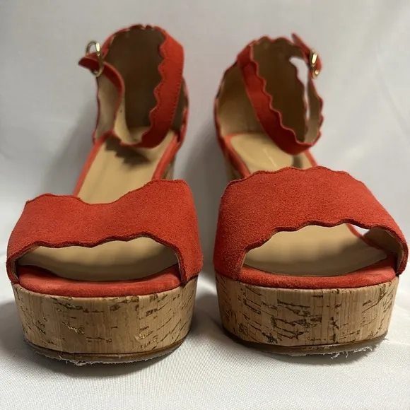 ANTHROPOLOGIE Scalloped Suede Platform Sandals with Cork Heel Coral Size 39