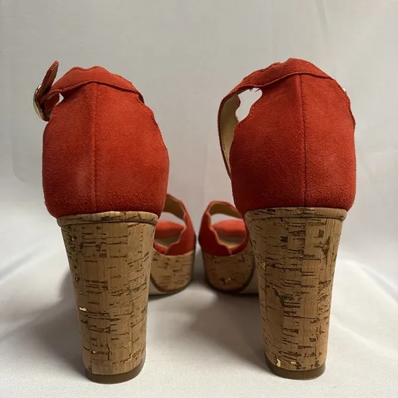 ANTHROPOLOGIE Scalloped Suede Platform Sandals with Cork Heel Coral Size 39